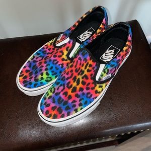 Vans rainbow leopard print slip ons